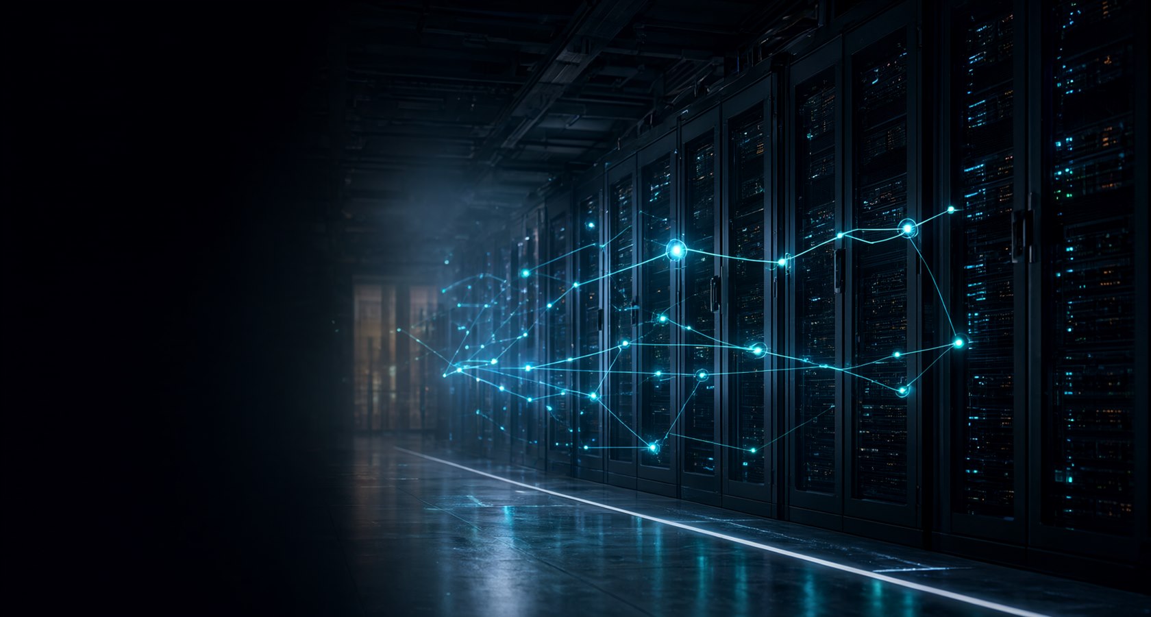 青い光に照らされた次世代データセンターのサーバーラック